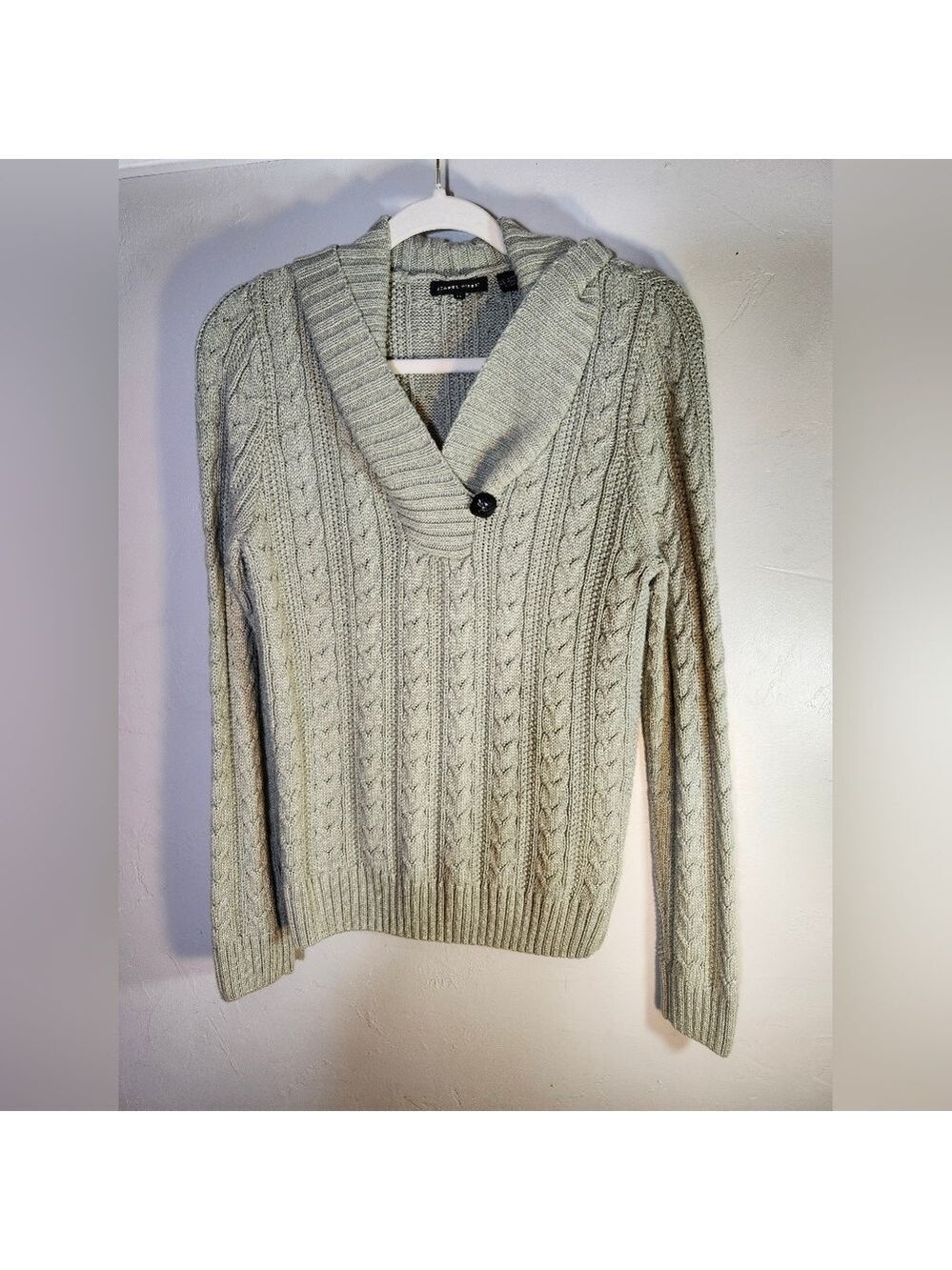 Jeanne Pierre 100%Cotton Lt Olive Cable Knit V-neck Sz M